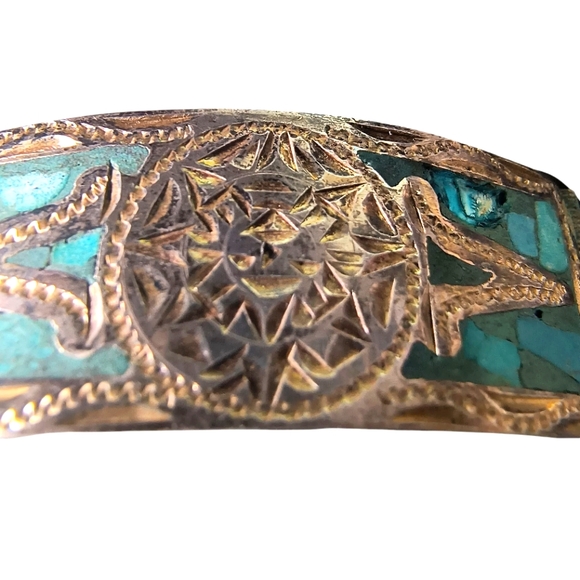 Vintage Mexico Sterling Silver & Crushed Turquoise Inca/Mayan Panel Bracelet - Picture 9 of 13
